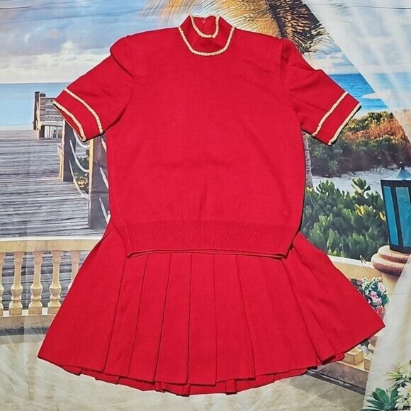 St. John Collection Two Piece Skirt Set Red and Gold Trim Size Small Vintage - Picture 1 of 10